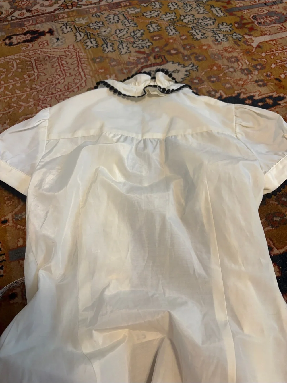 Zara Cream Short-Sleeve Ruffle Blouse with Black Pom Trim - XS